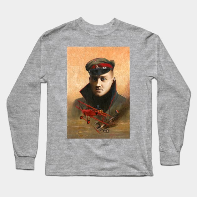 Red Baron Historical Portrait Long Sleeve T-Shirt by mictomart